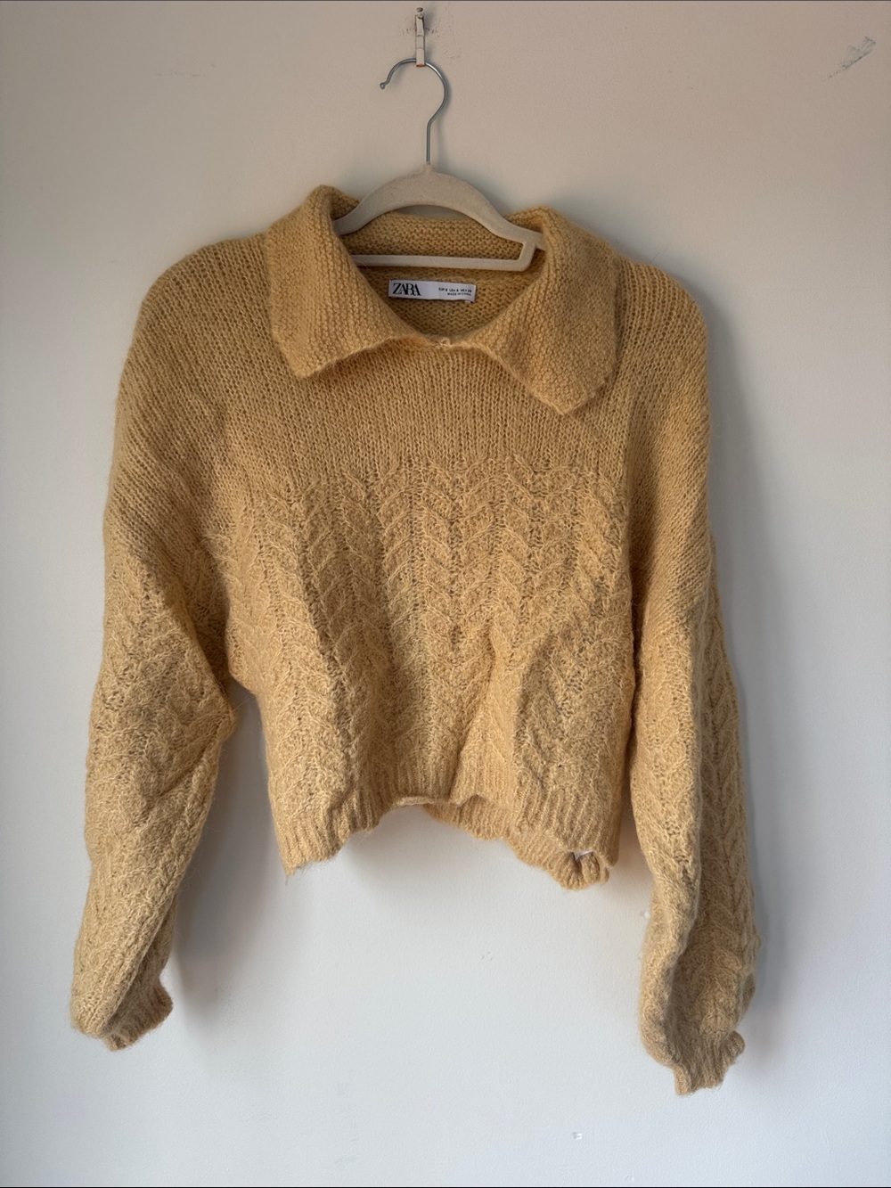 Zara Mustard Cropped Cable Knit Collared Sweater